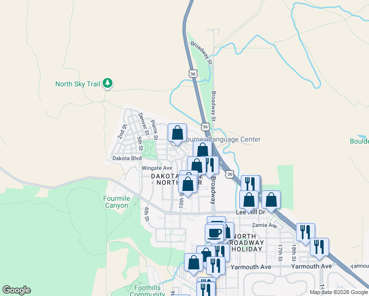 map of restaurants, bars, coffee shops, grocery stores, and more near 923 Laramie Boulevard in Boulder
