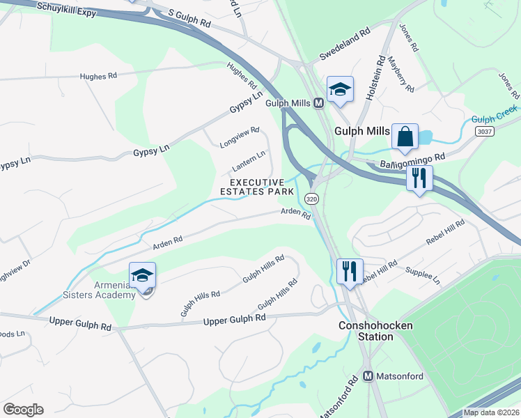 map of restaurants, bars, coffee shops, grocery stores, and more near 174 Arden Road in Conshohocken