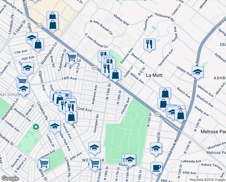 map of restaurants, bars, coffee shops, grocery stores, and more near 1828 Penfield Street in Philadelphia