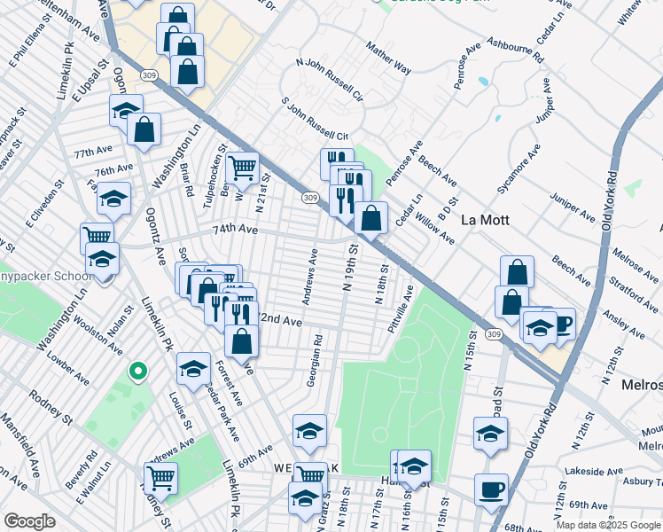map of restaurants, bars, coffee shops, grocery stores, and more near 1923 Ashley St in Philadelphia