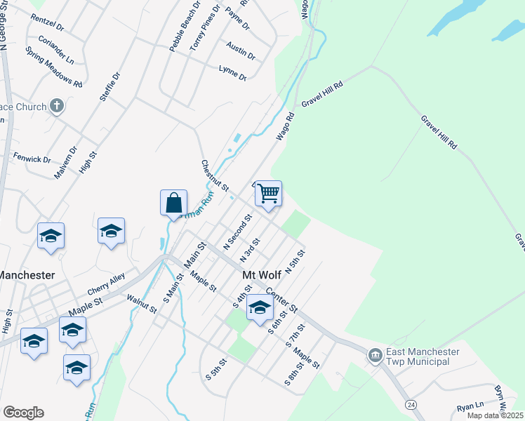 map of restaurants, bars, coffee shops, grocery stores, and more near 233 Chestnut Street in Mount Wolf