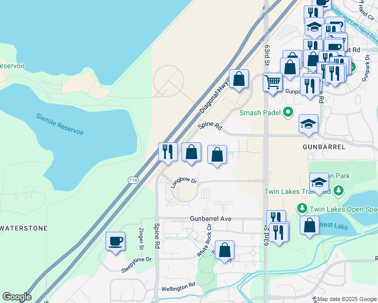 map of restaurants, bars, coffee shops, grocery stores, and more near 6000 Spine Road in Boulder