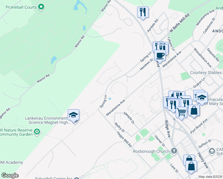 map of restaurants, bars, coffee shops, grocery stores, and more near 576 Spring Lane in Philadelphia