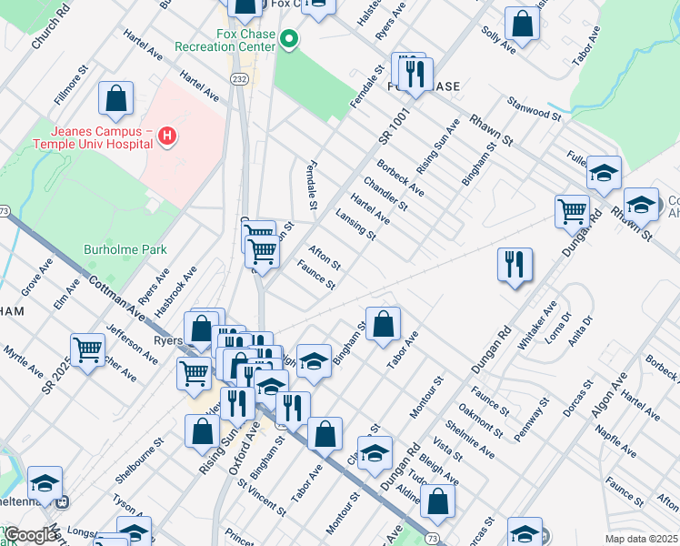 map of restaurants, bars, coffee shops, grocery stores, and more near 7614 Rising Sun Avenue in Philadelphia