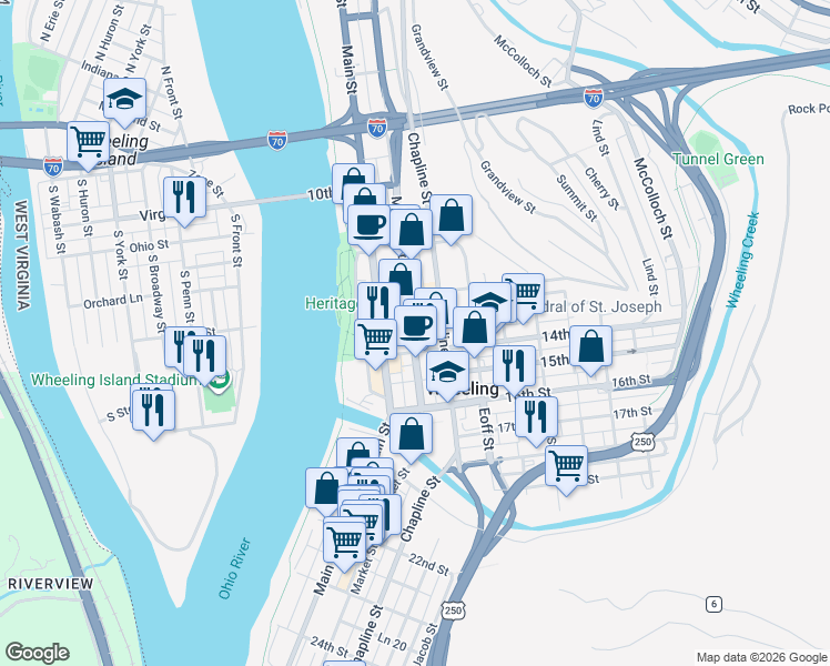 map of restaurants, bars, coffee shops, grocery stores, and more near 1225 Market Street in Wheeling