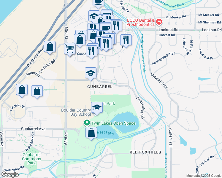 map of restaurants, bars, coffee shops, grocery stores, and more near 5126 Williams Fork Trail in Boulder