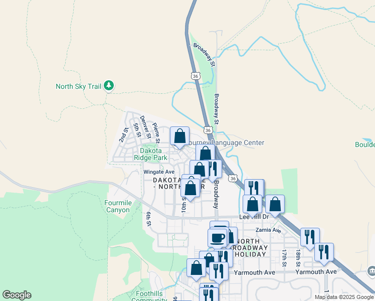 map of restaurants, bars, coffee shops, grocery stores, and more near 850 Laramie Boulevard in Boulder