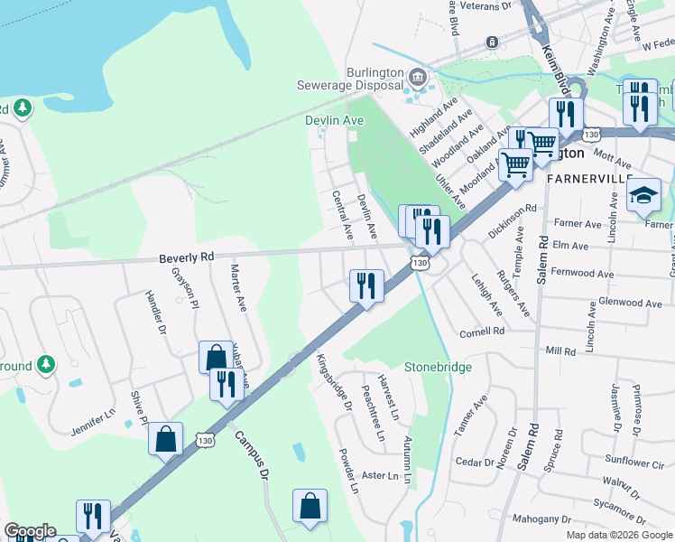 map of restaurants, bars, coffee shops, grocery stores, and more near 3 New York Avenue in Burlington