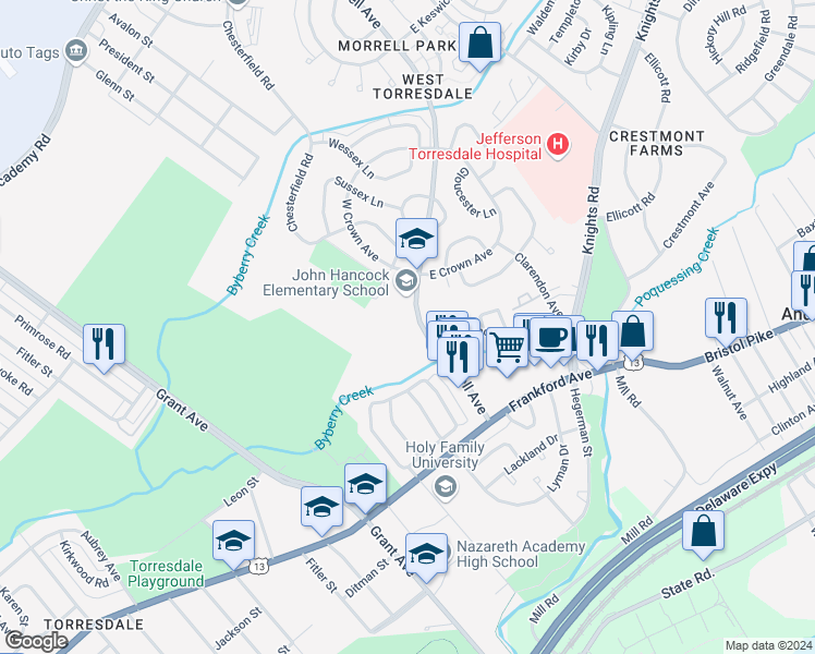 map of restaurants, bars, coffee shops, grocery stores, and more near 3740 Morrell Avenue in Philadelphia