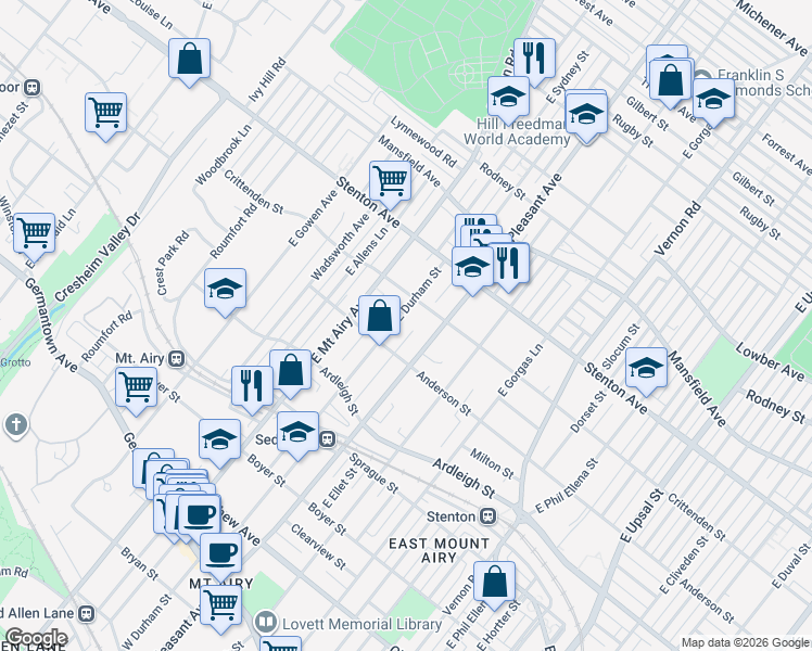 map of restaurants, bars, coffee shops, grocery stores, and more near 7126 Crittenden Street in Philadelphia