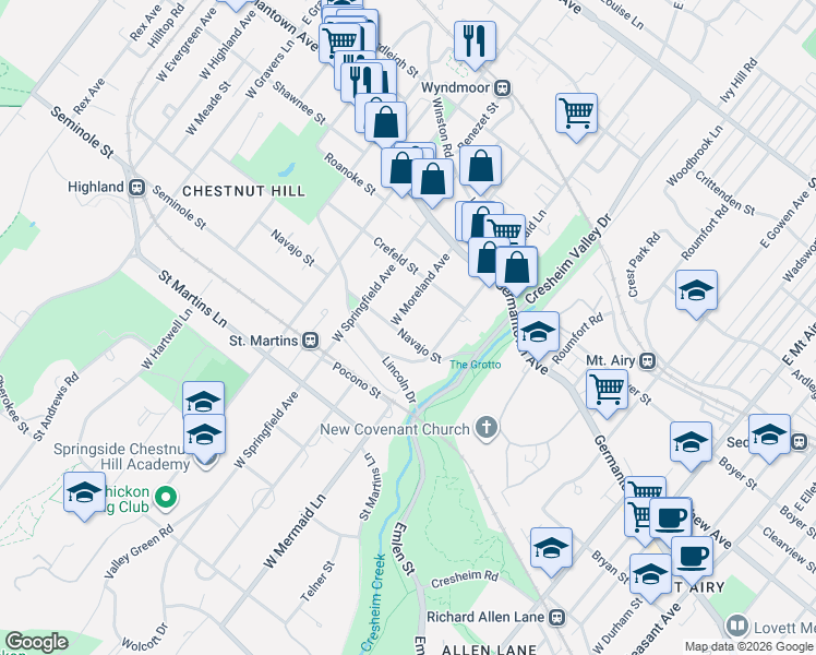 map of restaurants, bars, coffee shops, grocery stores, and more near 115 West Moreland Avenue in Philadelphia