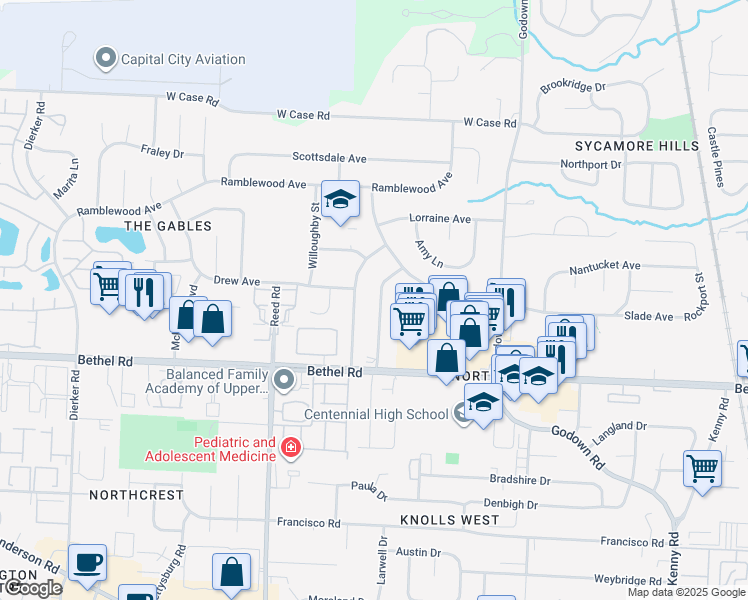 map of restaurants, bars, coffee shops, grocery stores, and more near 5342 Hollister Street in Columbus