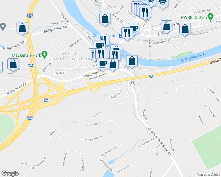 map of restaurants, bars, coffee shops, grocery stores, and more near 1100 Riverview Lane in Conshohocken