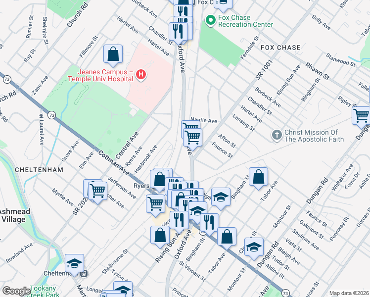 map of restaurants, bars, coffee shops, grocery stores, and more near 7492 Oxford Avenue in Philadelphia