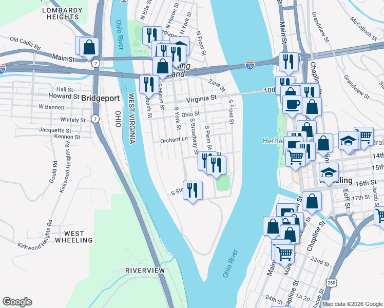map of restaurants, bars, coffee shops, grocery stores, and more near 522 South York Street in Wheeling