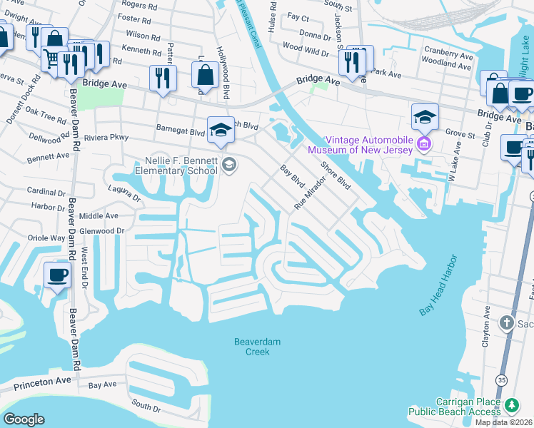 map of restaurants, bars, coffee shops, grocery stores, and more near 1841 Southeast Drive in Point Pleasant