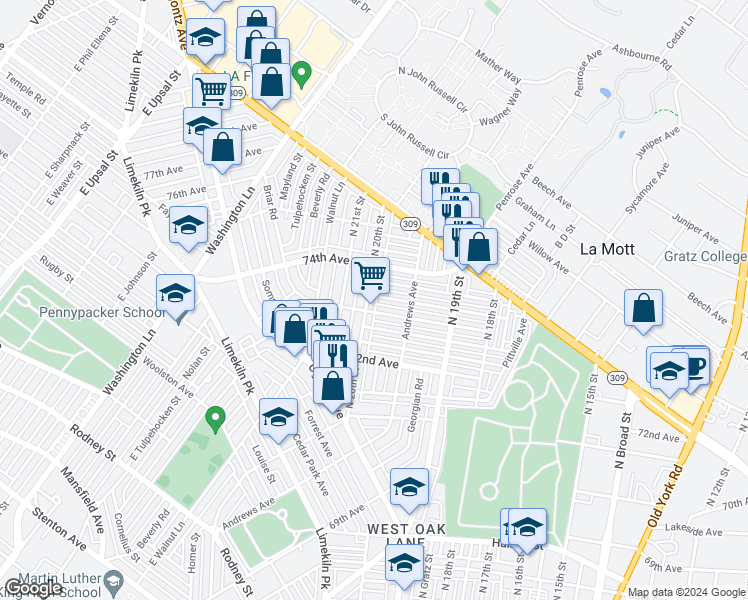 map of restaurants, bars, coffee shops, grocery stores, and more near 7315 North 20th Street in Philadelphia