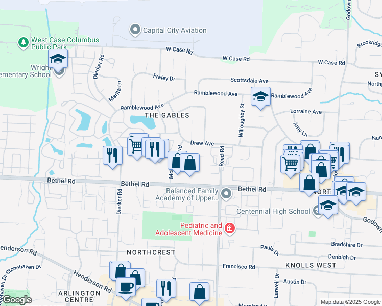 map of restaurants, bars, coffee shops, grocery stores, and more near 1896 Fontenay Court in Columbus
