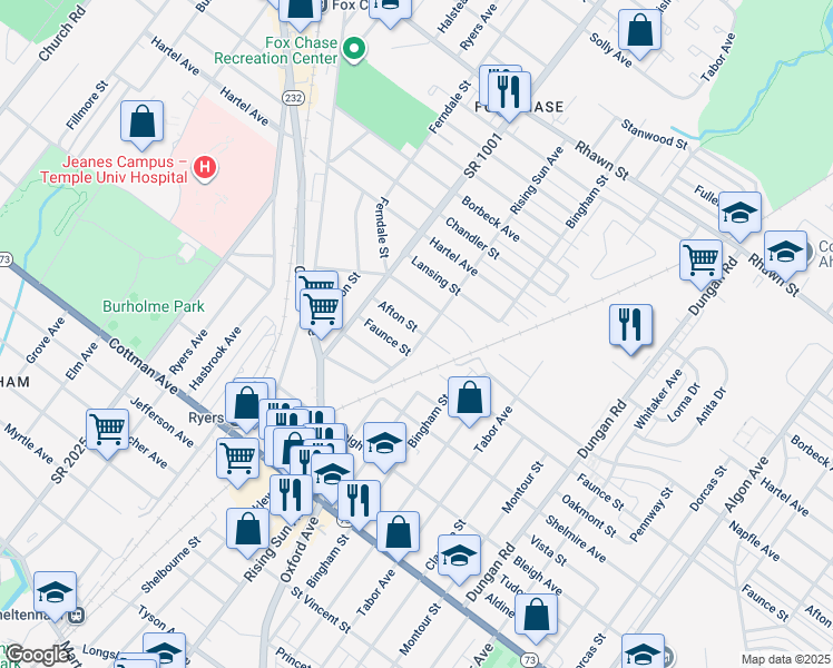 map of restaurants, bars, coffee shops, grocery stores, and more near 7614 Rising Sun Avenue in Philadelphia