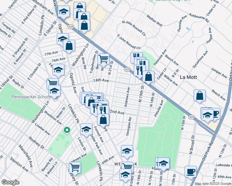 map of restaurants, bars, coffee shops, grocery stores, and more near 7315 North 20th Street in Philadelphia