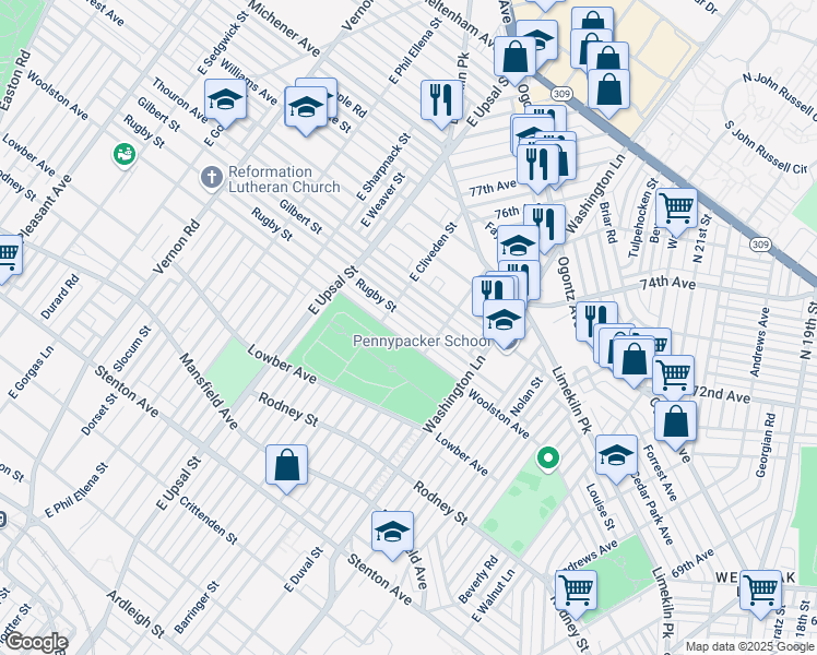 map of restaurants, bars, coffee shops, grocery stores, and more near 7528 Rugby Street in Philadelphia