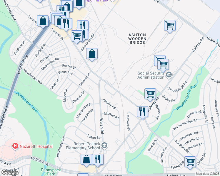 map of restaurants, bars, coffee shops, grocery stores, and more near 2710 Willits Road in Philadelphia