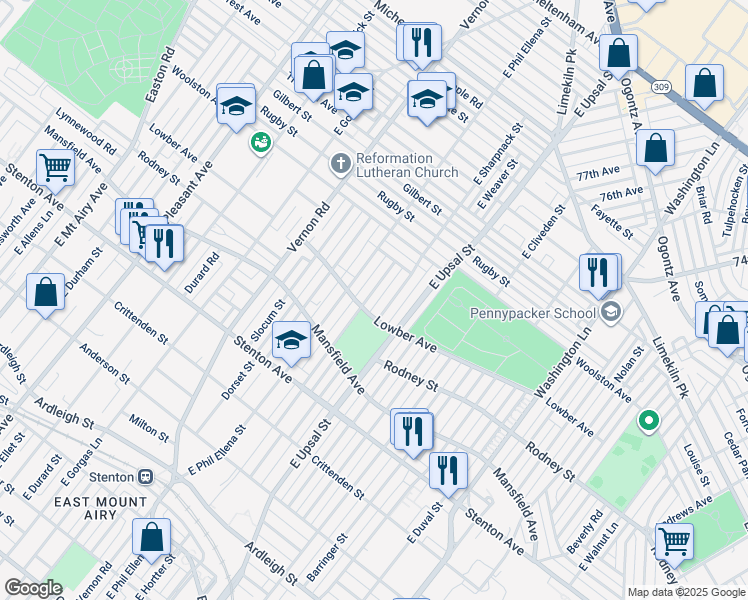 map of restaurants, bars, coffee shops, grocery stores, and more near 1112 East Hortter Street in Philadelphia