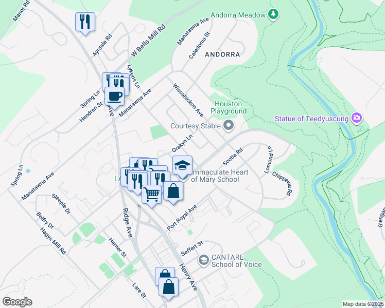 map of restaurants, bars, coffee shops, grocery stores, and more near 8611 Old Line Road in Philadelphia