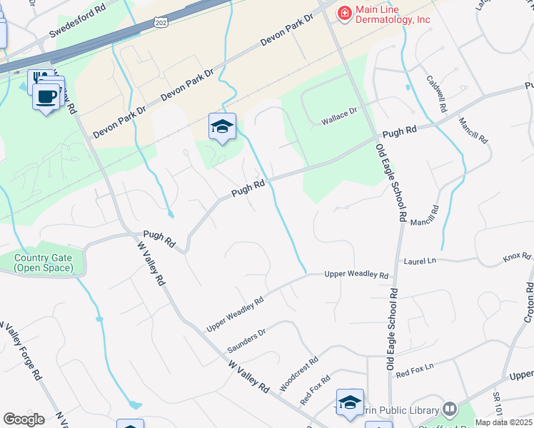 map of restaurants, bars, coffee shops, grocery stores, and more near 524 Pugh Road in Wayne