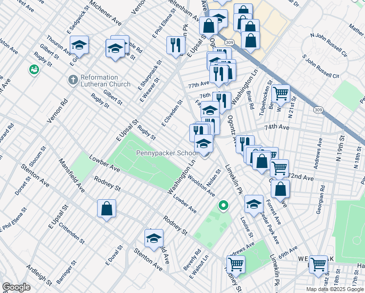 map of restaurants, bars, coffee shops, grocery stores, and more near 7439 Gilbert Street in Philadelphia