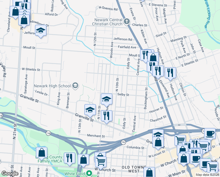 map of restaurants, bars, coffee shops, grocery stores, and more near 345 Woods Avenue in Newark