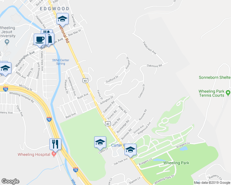 map of restaurants, bars, coffee shops, grocery stores, and more near 10 Arlington Drive in Wheeling