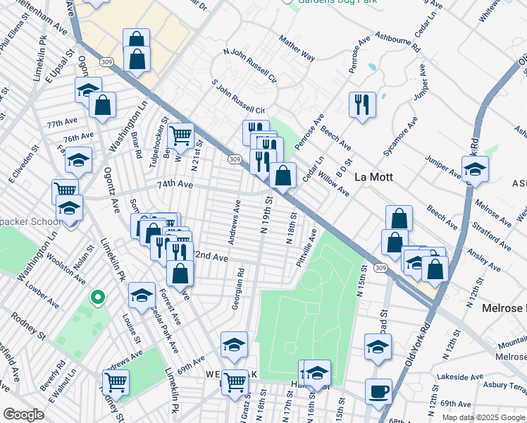 map of restaurants, bars, coffee shops, grocery stores, and more near 1900 1/2 Penfield Street in Philadelphia