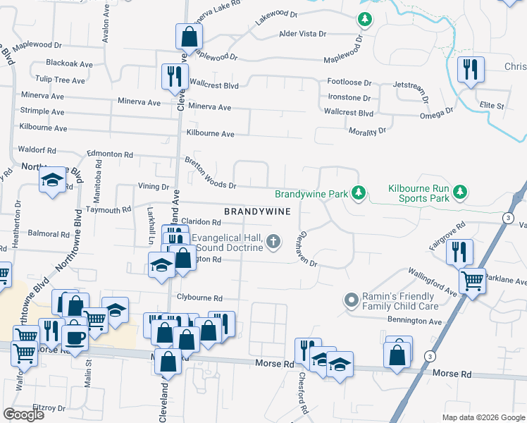 map of restaurants, bars, coffee shops, grocery stores, and more near 2703 Northwold Road in Columbus