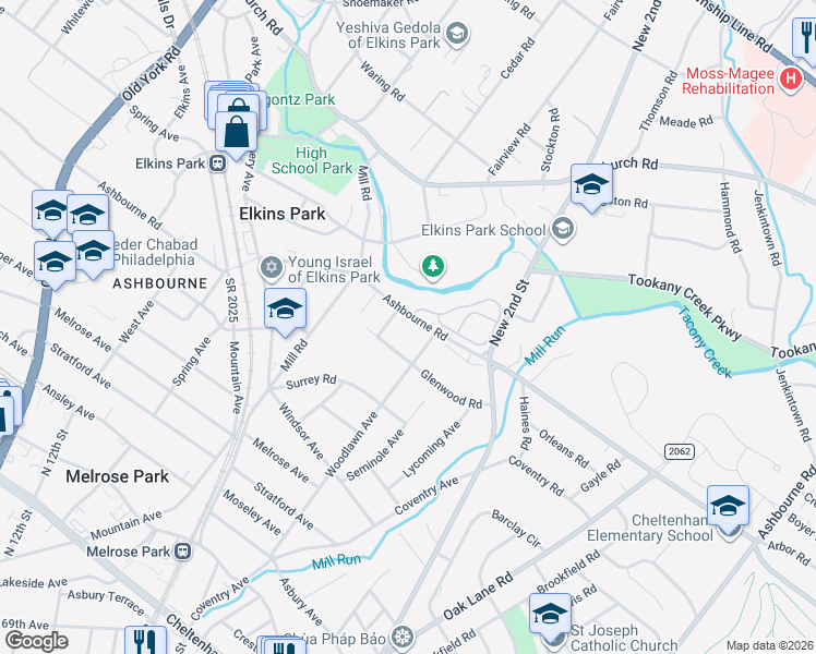 map of restaurants, bars, coffee shops, grocery stores, and more near 1235 Brookview Place in Elkins Park