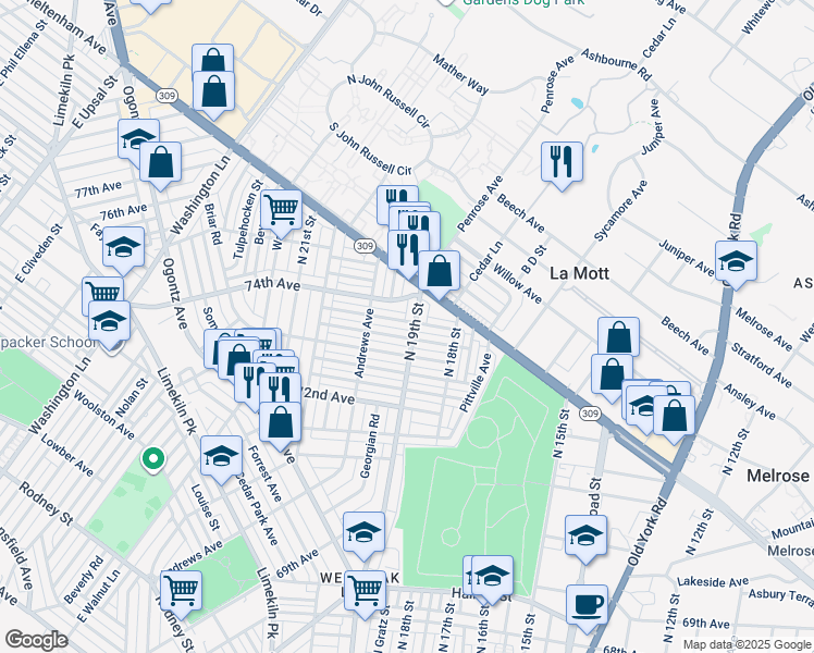 map of restaurants, bars, coffee shops, grocery stores, and more near 1902 Penfield Street in Philadelphia