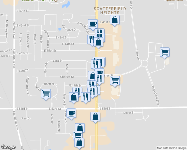 map of restaurants, bars, coffee shops, grocery stores, and more near Charles Street in Anderson