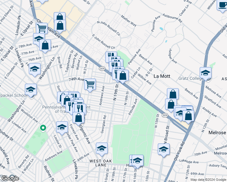 map of restaurants, bars, coffee shops, grocery stores, and more near 1902 1/2 Penfield Street in Philadelphia