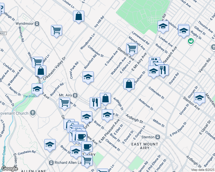 map of restaurants, bars, coffee shops, grocery stores, and more near 415 East Allens Lane in Philadelphia
