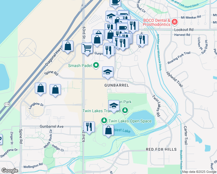 map of restaurants, bars, coffee shops, grocery stores, and more near 5060 Chaparral Court in Boulder