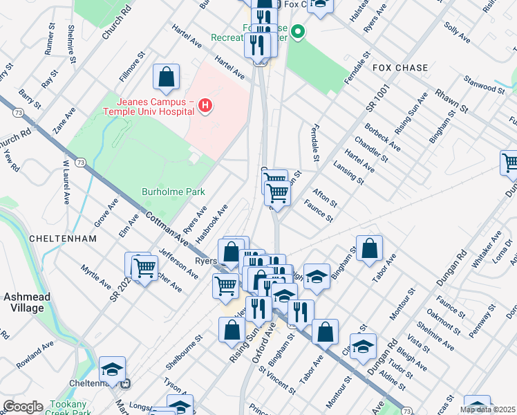 map of restaurants, bars, coffee shops, grocery stores, and more near 7444 Rockwell Avenue in Philadelphia