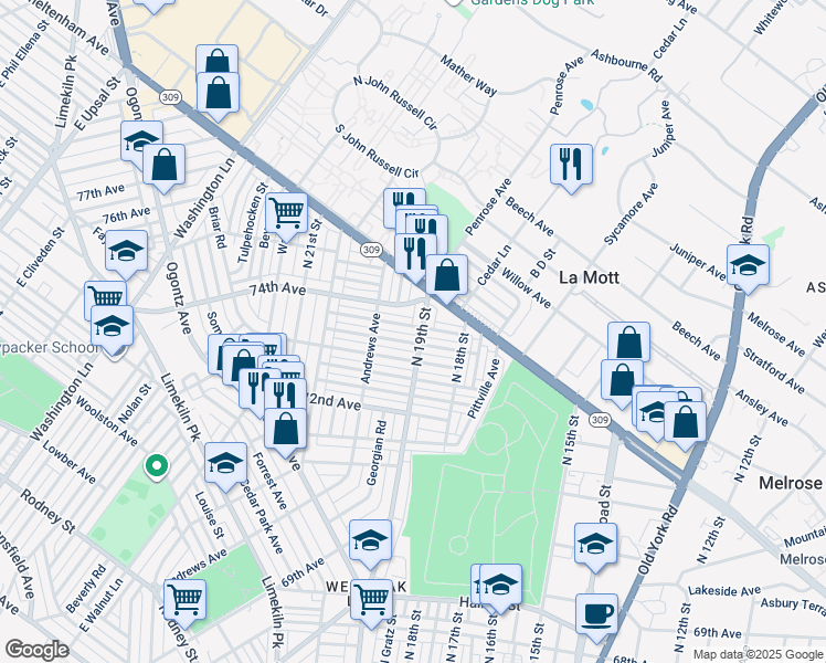 map of restaurants, bars, coffee shops, grocery stores, and more near 1902 Penfield Street in Philadelphia