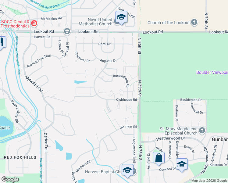 map of restaurants, bars, coffee shops, grocery stores, and more near 7330 Buckingham Court in Boulder
