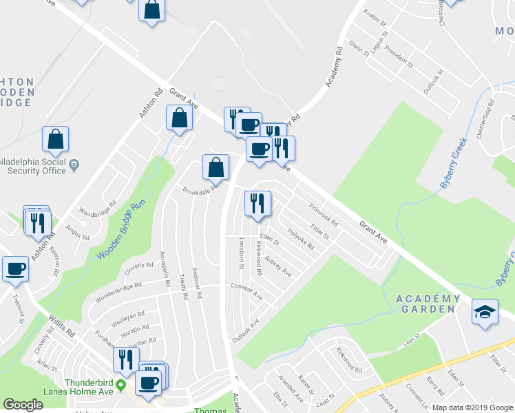 map of restaurants, bars, coffee shops, grocery stores, and more near 9441 Lansford Street in Philadelphia