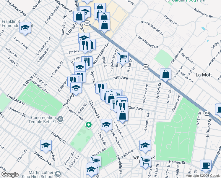map of restaurants, bars, coffee shops, grocery stores, and more near 7311 Sommers Road in Philadelphia