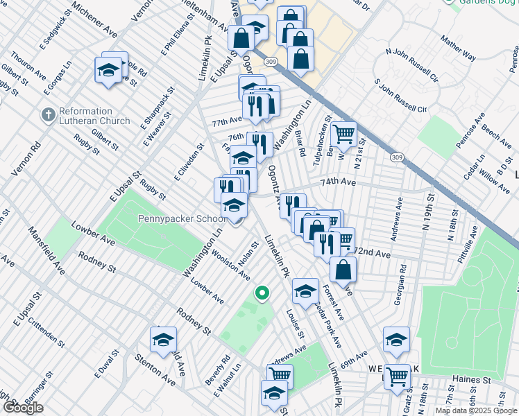 map of restaurants, bars, coffee shops, grocery stores, and more near 7343 Limekiln Pike in Philadelphia