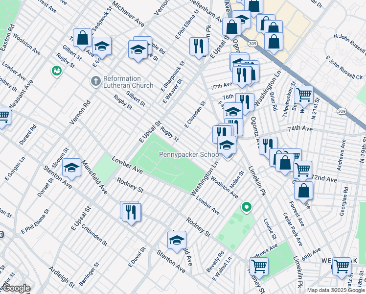 map of restaurants, bars, coffee shops, grocery stores, and more near 7532 Rugby Street in Philadelphia