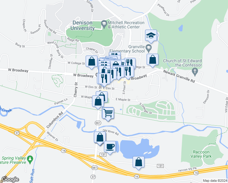map of restaurants, bars, coffee shops, grocery stores, and more near 209 East Elm Street in Granville