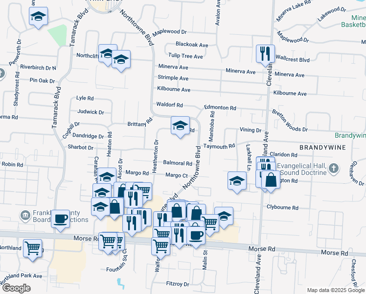 map of restaurants, bars, coffee shops, grocery stores, and more near 4793 Northtowne Boulevard in Columbus