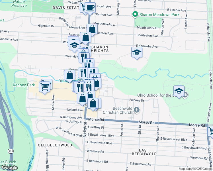 map of restaurants, bars, coffee shops, grocery stores, and more near 5140 North High Street in Columbus